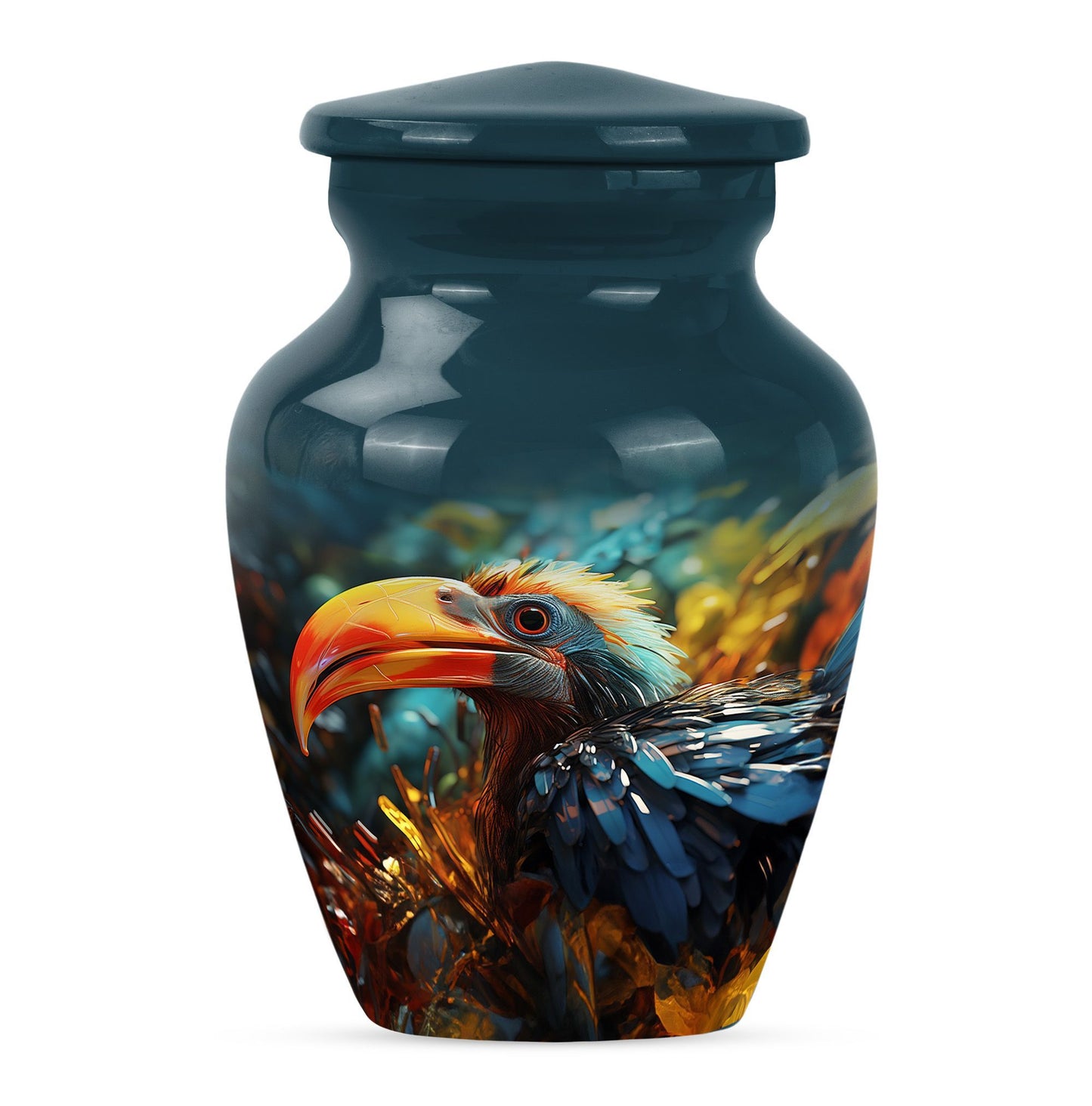 Classic Toucans Urn, an abstract aluminium cremation urn.