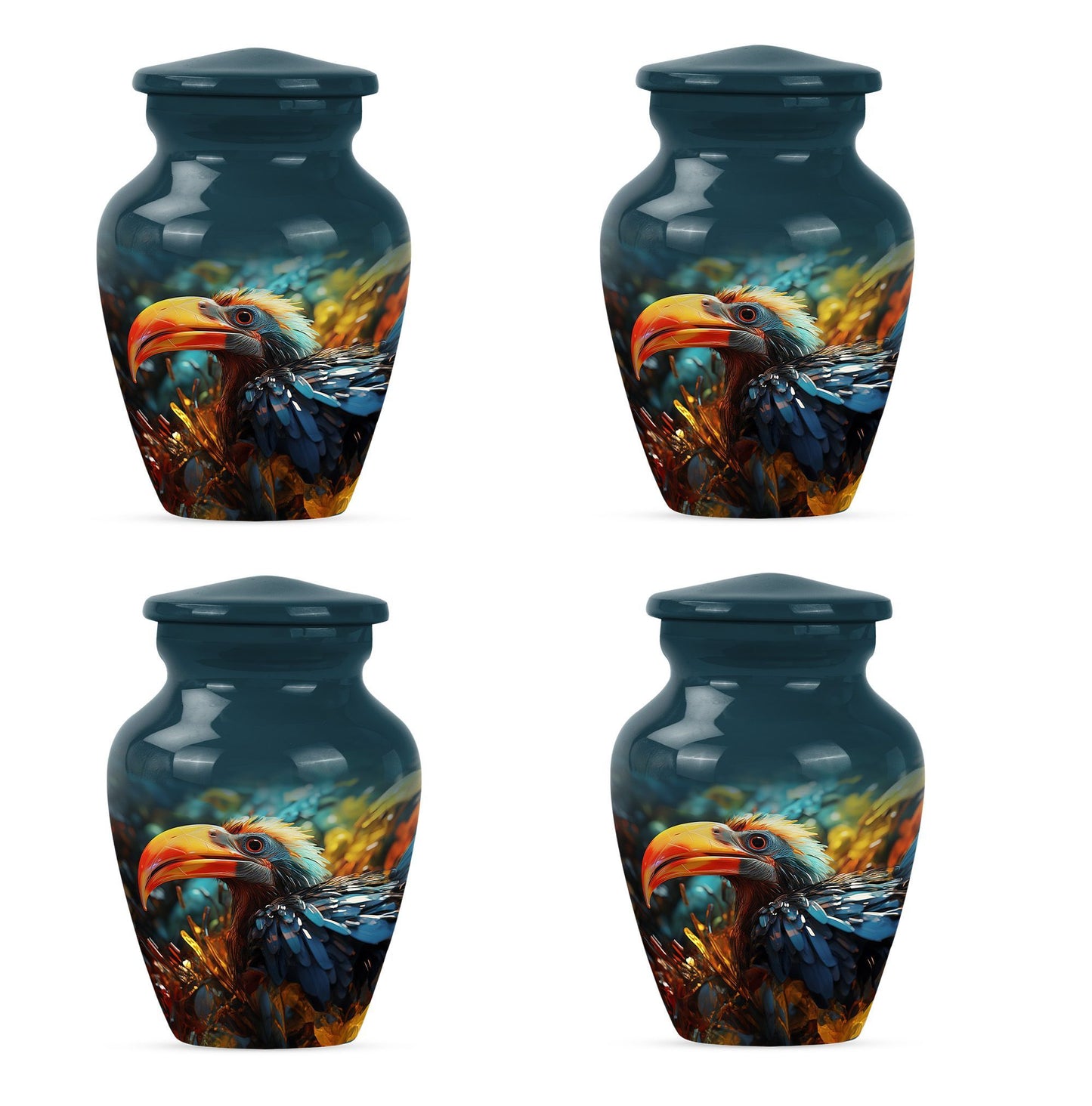 Classic Toucans Urn, an abstract aluminium cremation urn.