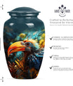 Classic Toucans Urn, an abstract aluminium cremation urn.