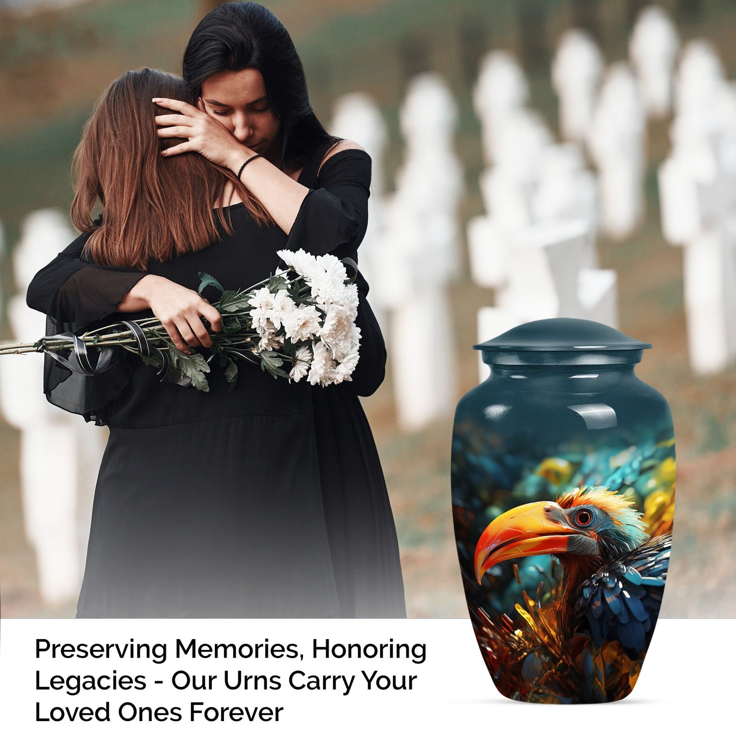 Classic Toucans Urn, an abstract aluminium cremation urn.
