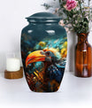 Classic Toucans Urn, an abstract aluminium cremation urn.