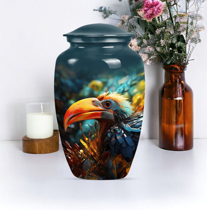 Classic Toucans Urn, an abstract aluminium cremation urn.