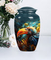 Classic Toucans Urn, an abstract aluminium cremation urn.