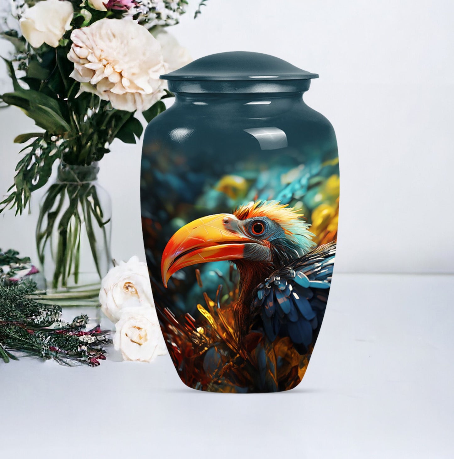 Classic Toucans Urn, an abstract aluminium cremation urn.