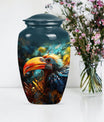 Classic Toucans Urn, an abstract aluminium cremation urn.