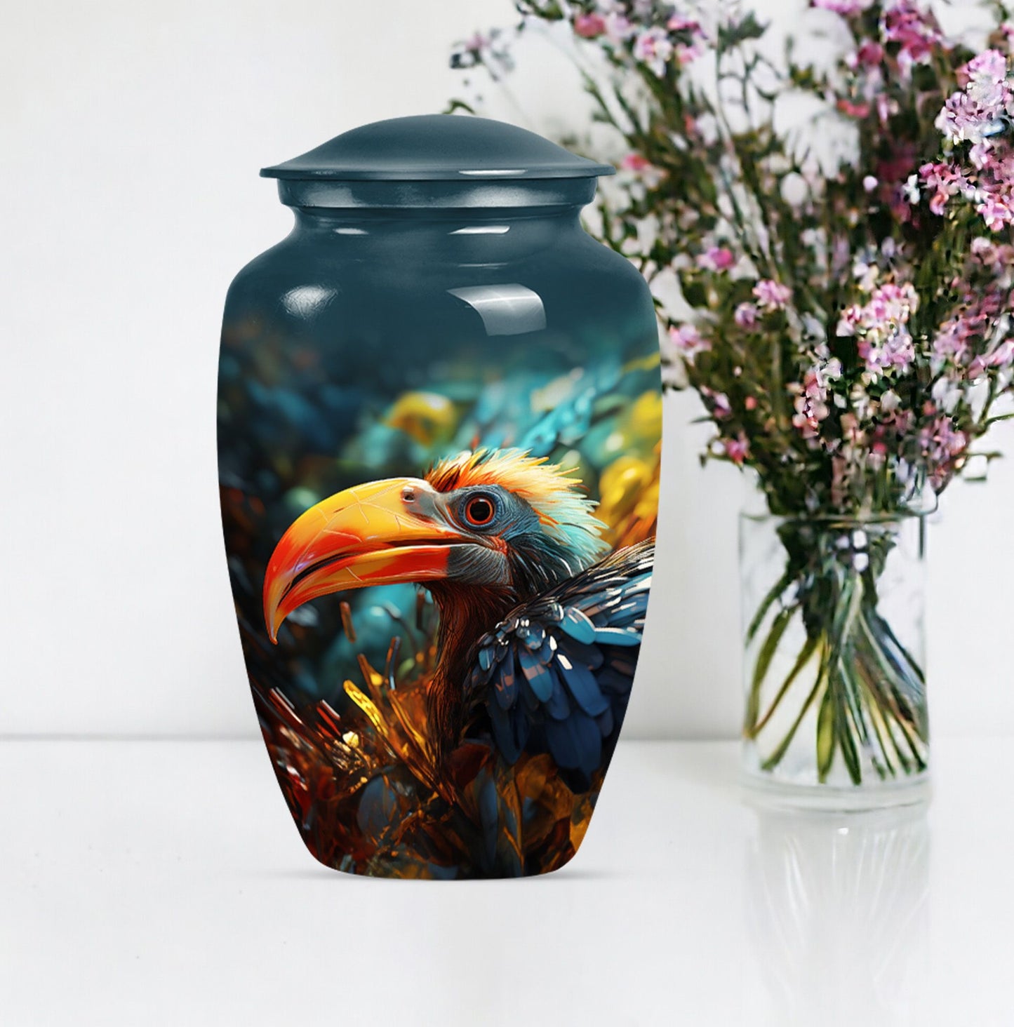 Classic Toucans Urn, an abstract aluminium cremation urn.