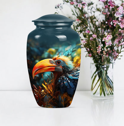 Classic Toucans Urn, an abstract aluminium cremation urn.