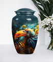 Classic Toucans Urn, an abstract aluminium cremation urn.