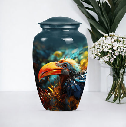 Classic Toucans Urn, an abstract aluminium cremation urn.