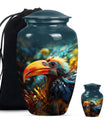 Classic Toucans Urn, an abstract aluminium cremation urn.