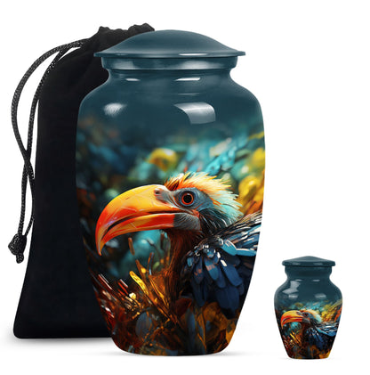 Classic Toucans Urn, an abstract aluminium cremation urn.