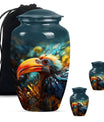 Classic Toucans Urn, an abstract aluminium cremation urn.