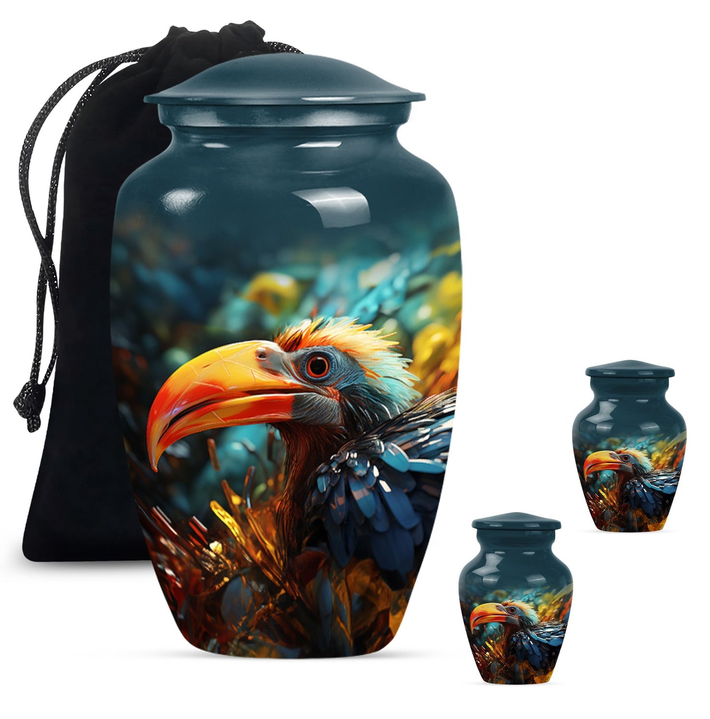 Classic Toucans Urn, an abstract aluminium cremation urn.