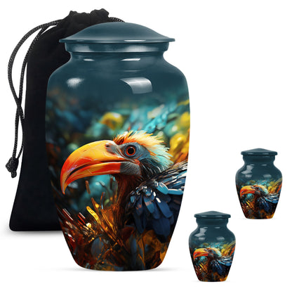 Classic Toucans Urn, an abstract aluminium cremation urn.