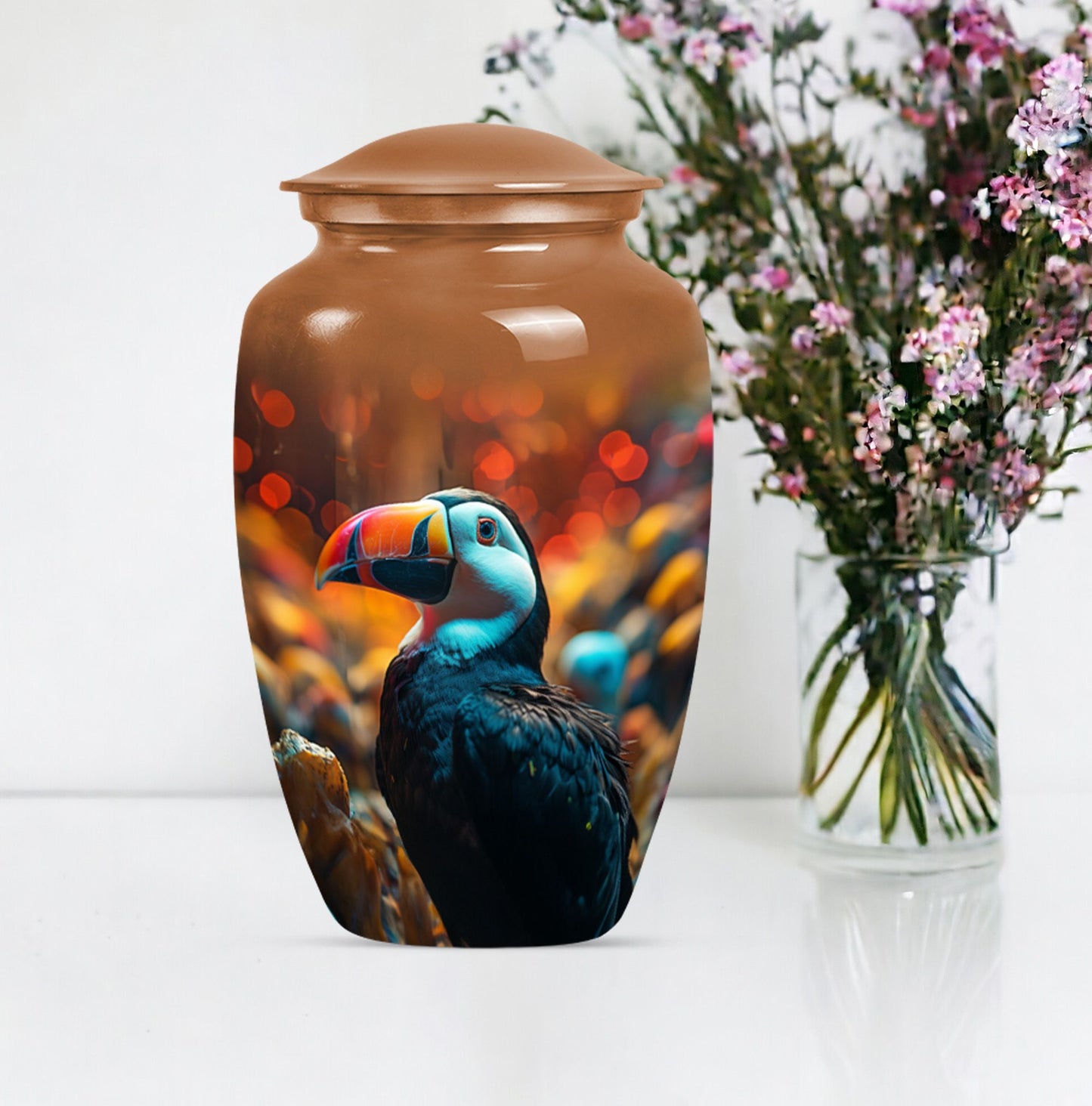 Toucans urn, 10-inch classic aluminium funeral urn