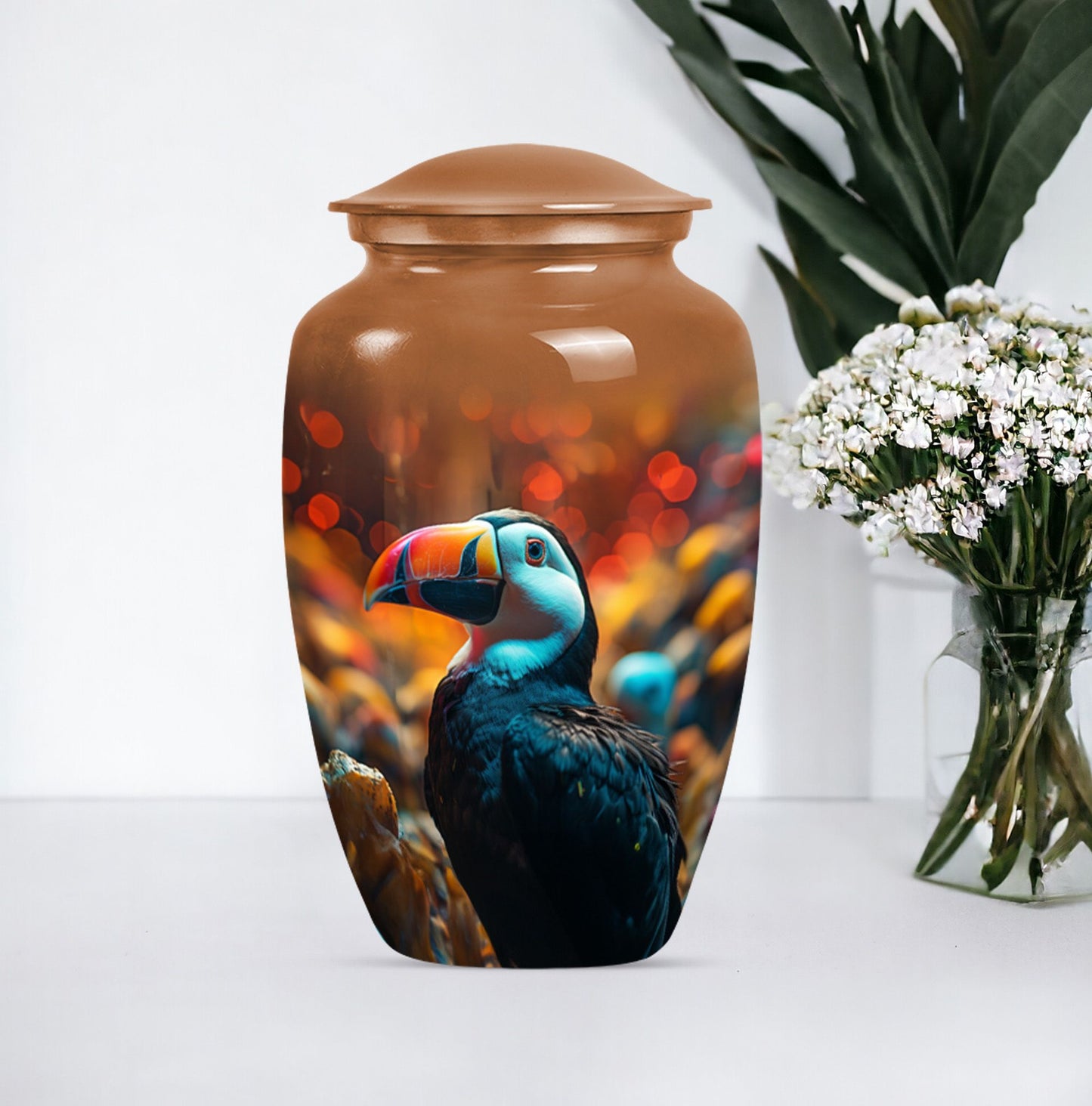 Toucans urn, 10-inch classic aluminium funeral urn