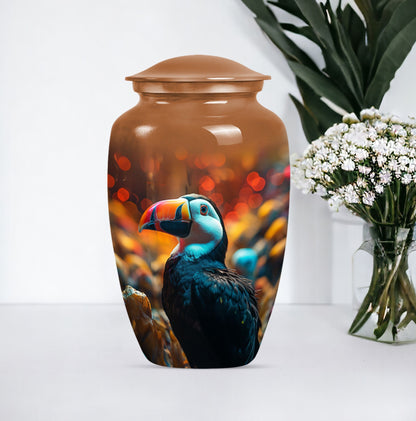 Toucans urn, 10-inch classic aluminium funeral urn