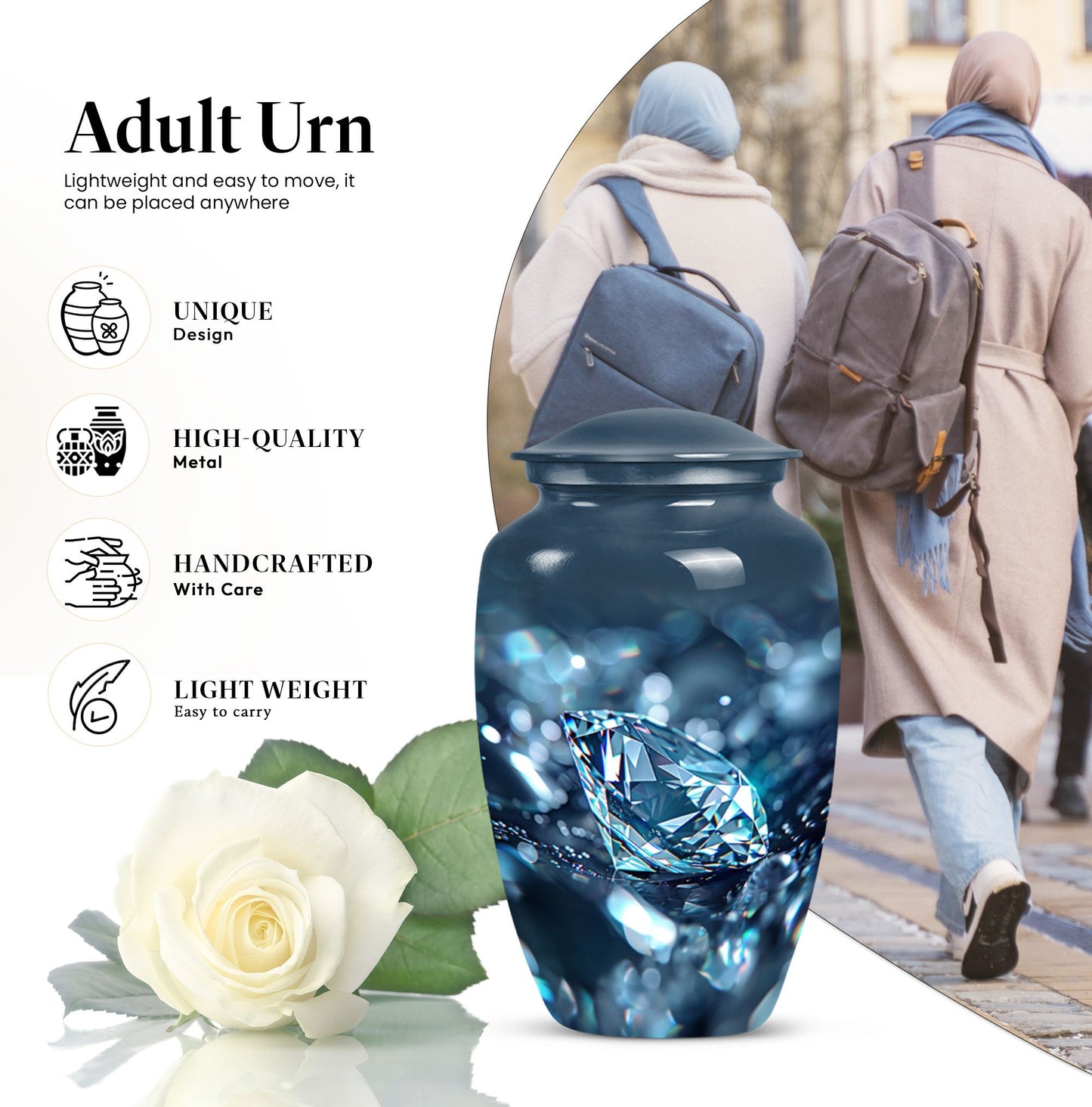 Diamond urn, large classic personalized burial urn.