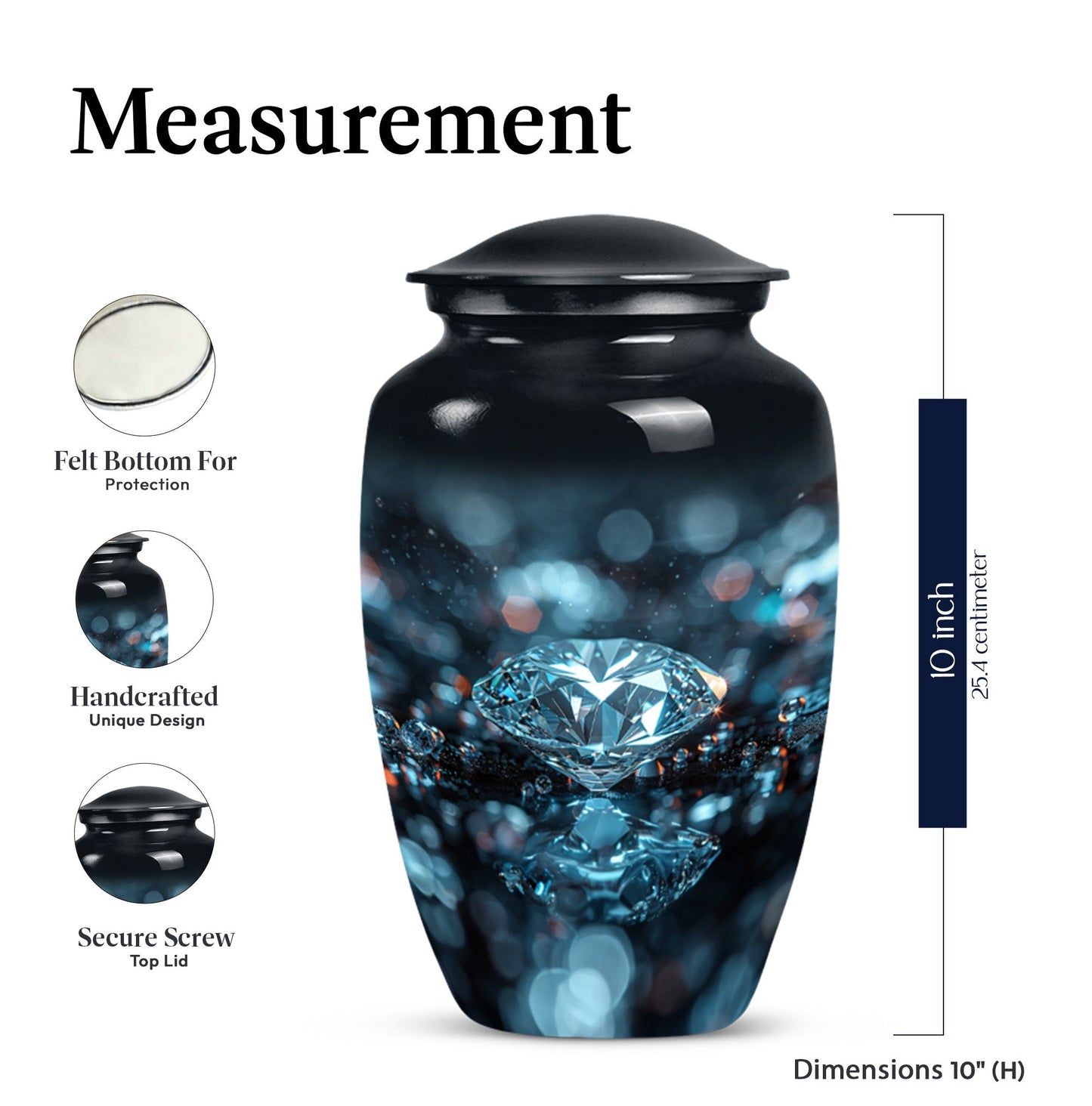 10-inch classic diamond aluminum urn for cremation ashes.