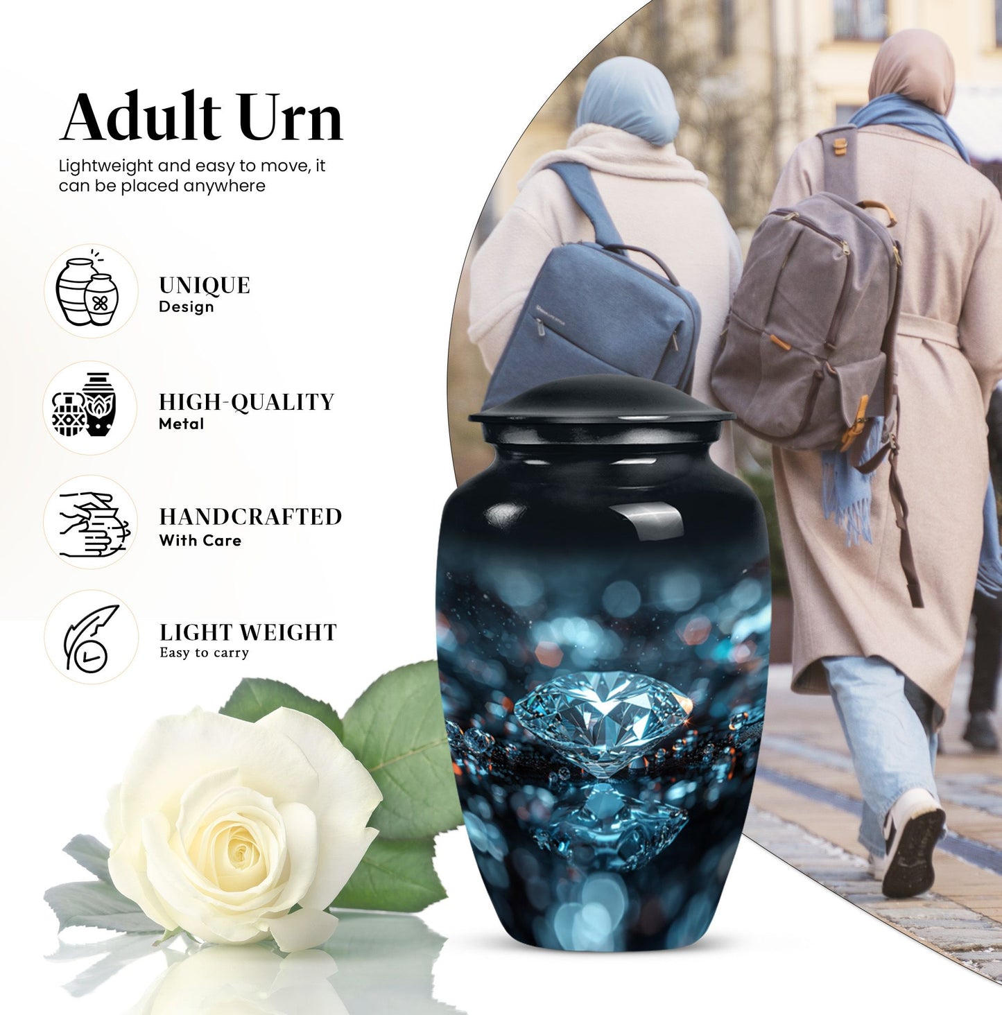 10-inch classic diamond aluminum urn for cremation ashes.