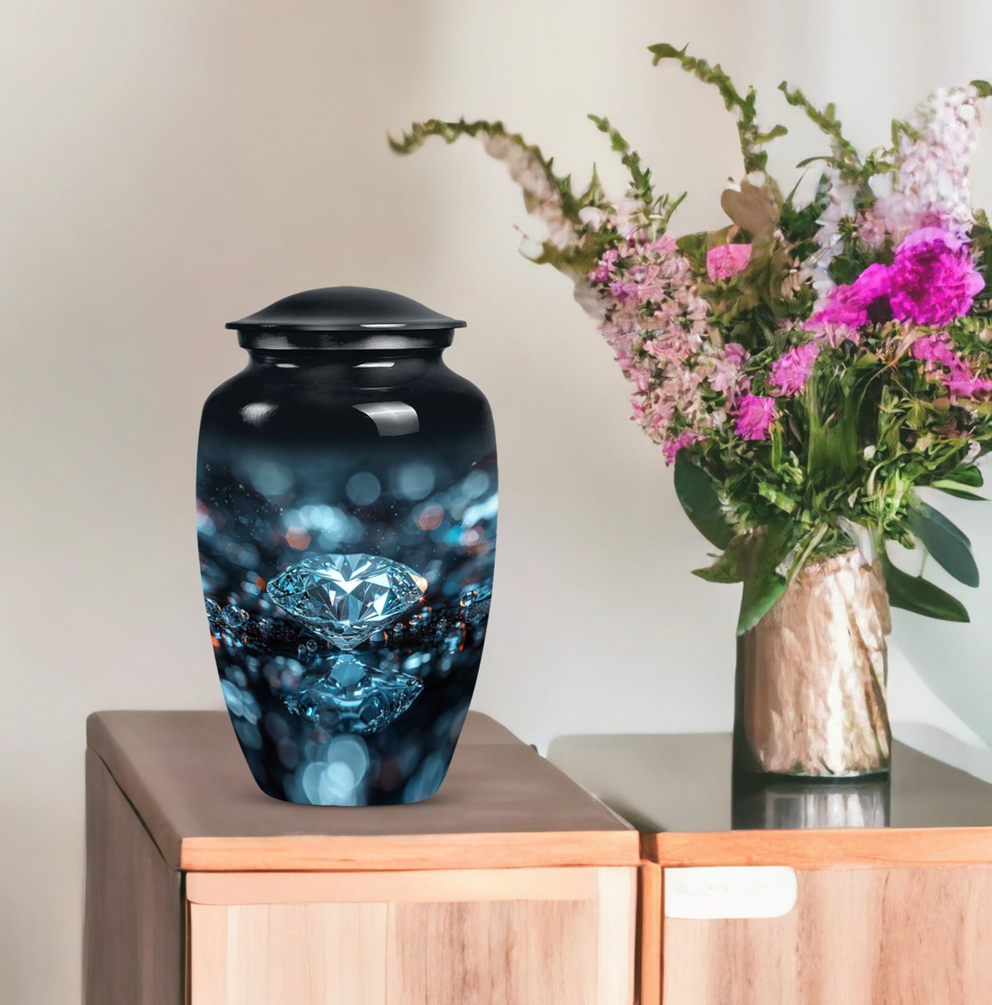 10-inch classic diamond aluminum urn for cremation ashes.