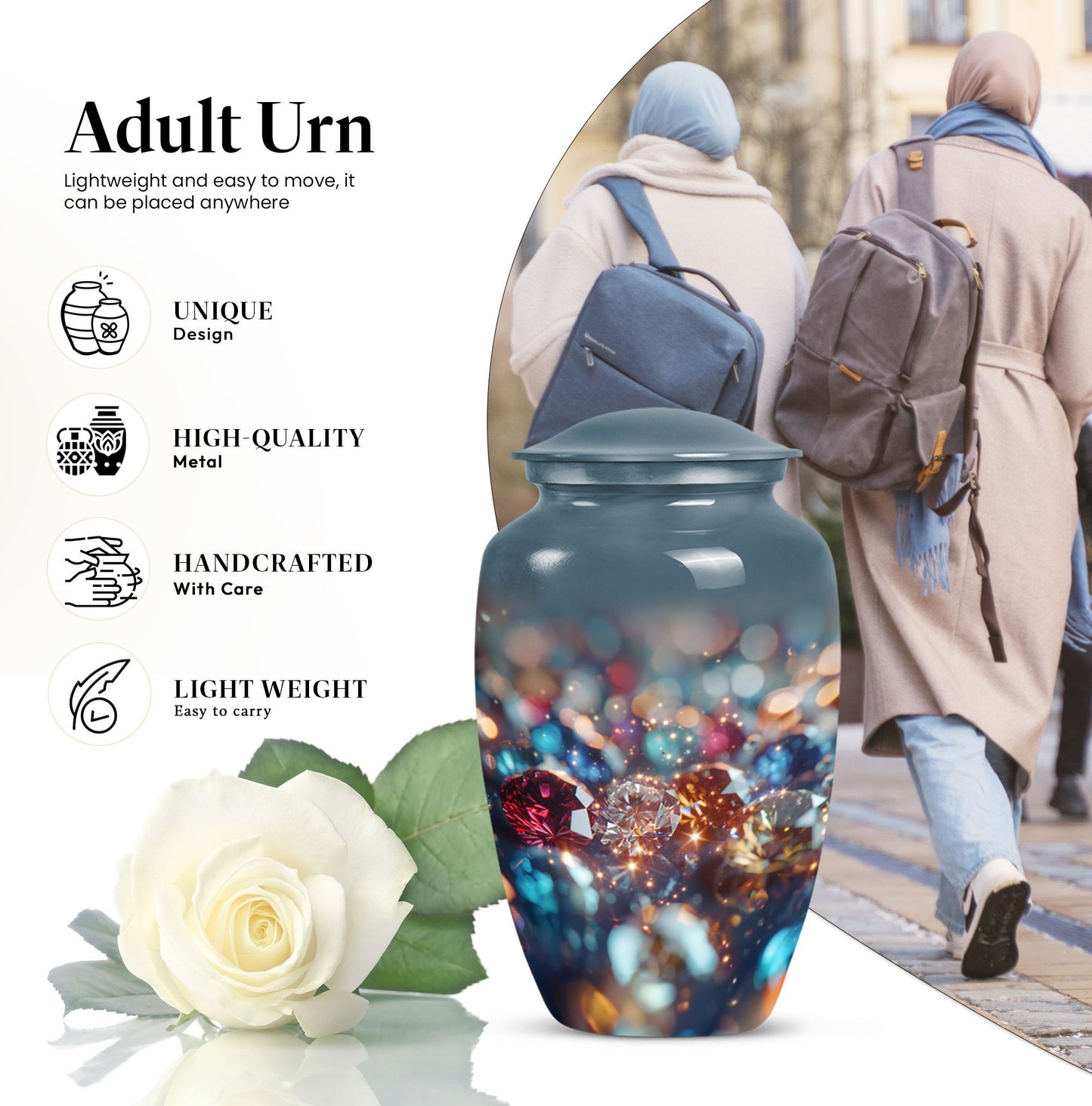 Classic diamond urn for human ashes large cremation urn