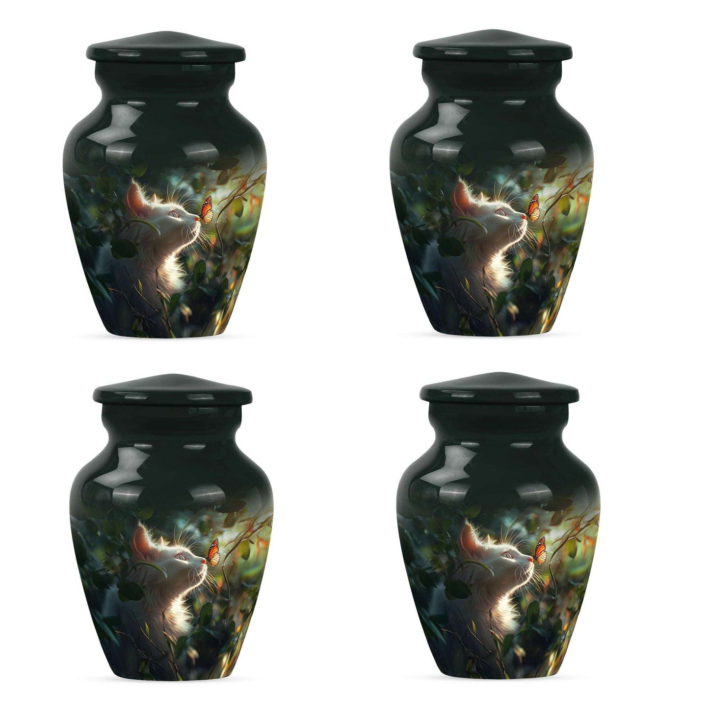 Majestic White Cat Urns For Funeral - Cat & Butterfly Memorial Urn