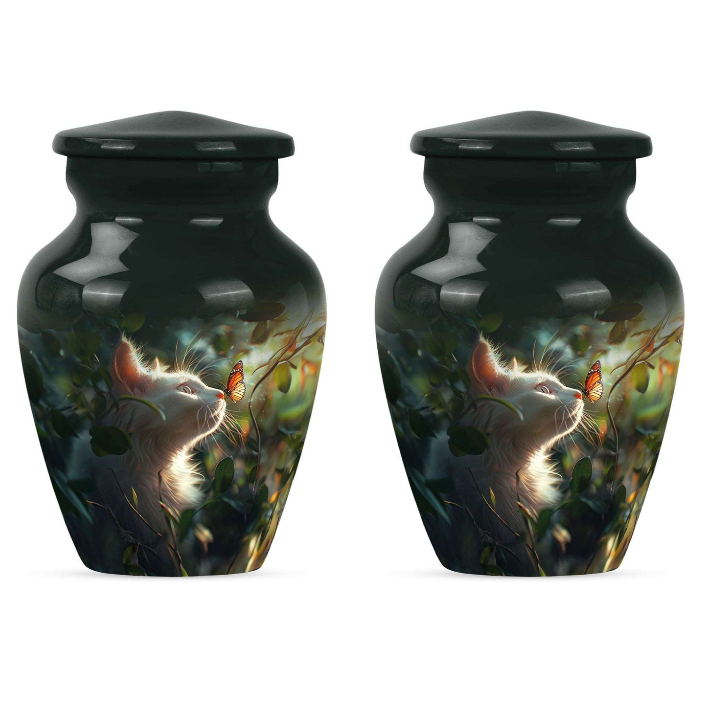 Majestic White Cat Urns For Funeral - Cat & Butterfly Memorial Urn