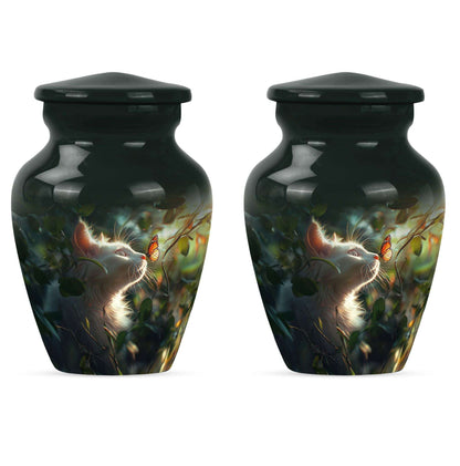 Majestic White Cat Urns For Funeral - Cat & Butterfly Memorial Urn