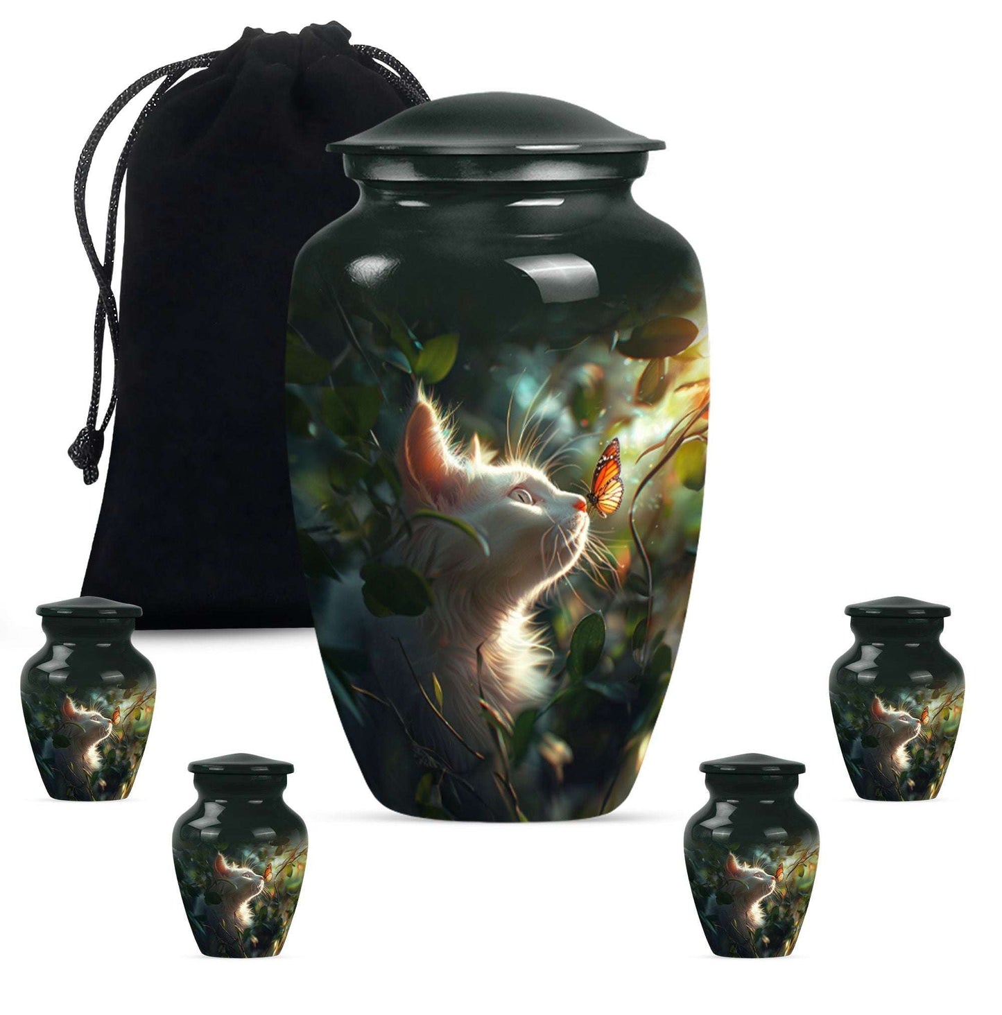 Majestic White Cat Urns For Funeral - Cat & Butterfly Memorial Urn