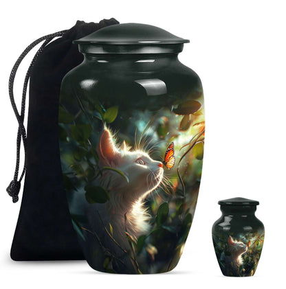 Majestic White Cat Urns For Funeral - Cat & Butterfly Memorial Urn