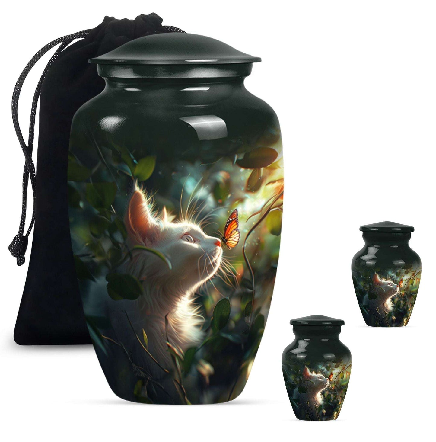 Majestic White Cat Urns For Funeral - Cat & Butterfly Memorial Urn