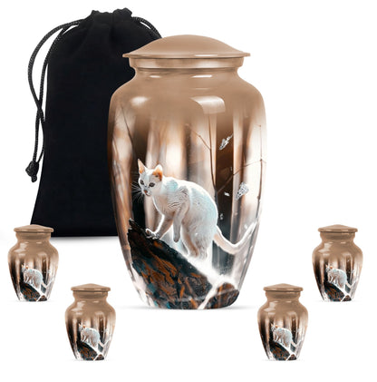 Classic 10 Inch white cat cremation urn for human ashes.