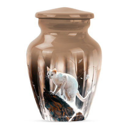 Classic 10 Inch white cat cremation urn for human ashes.