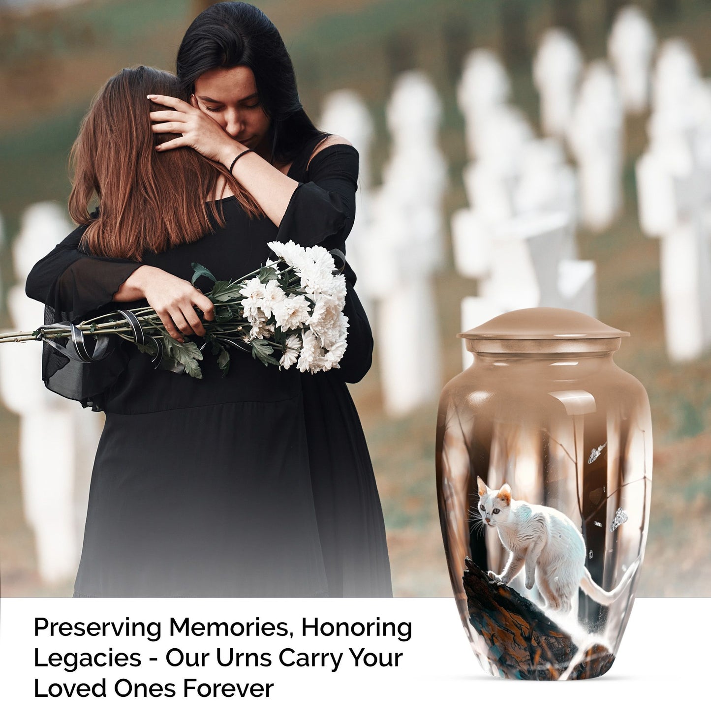 Classic 10 Inch white cat cremation urn for human ashes.