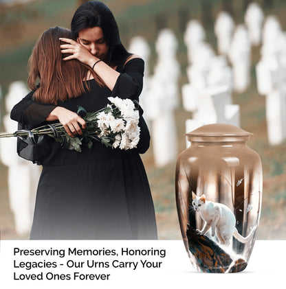 Classic 10 Inch white cat cremation urn for human ashes.