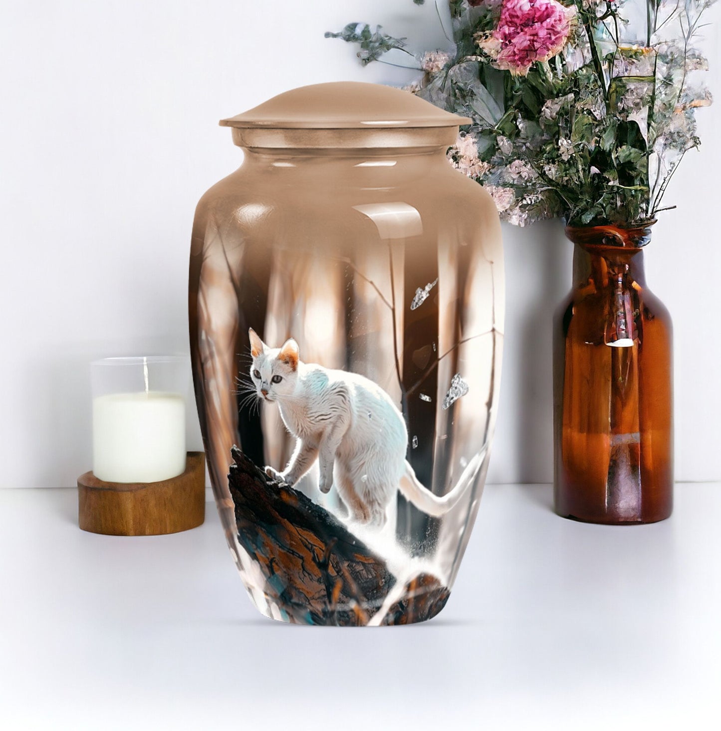Classic 10 Inch white cat cremation urn for human ashes.