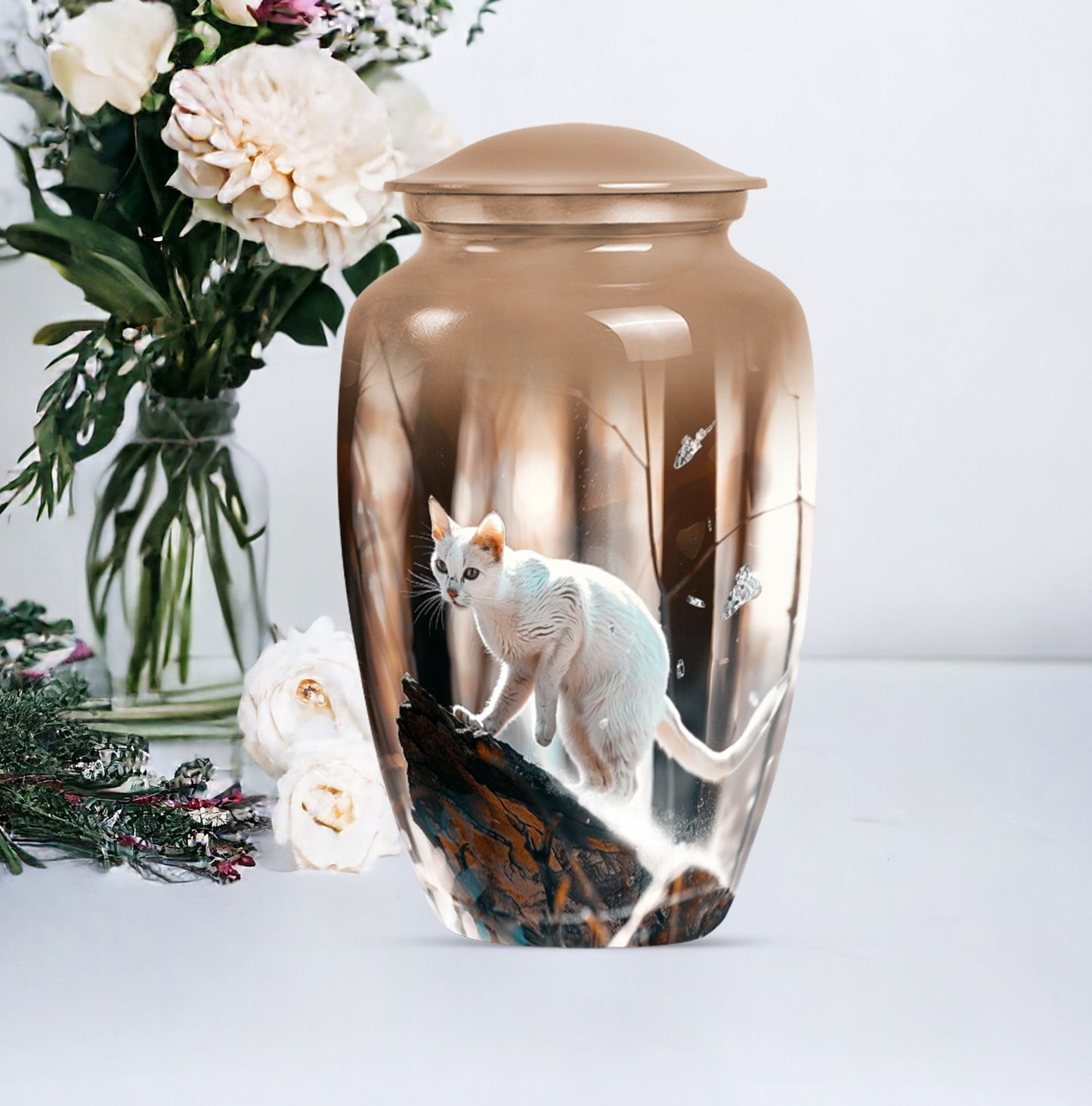 Classic 10 Inch white cat cremation urn for human ashes.