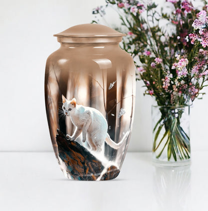 Classic 10 Inch white cat cremation urn for human ashes.