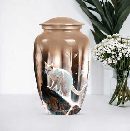 Classic 10 Inch white cat cremation urn for human ashes.