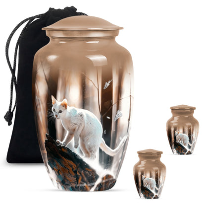 Classic 10 Inch white cat cremation urn for human ashes.