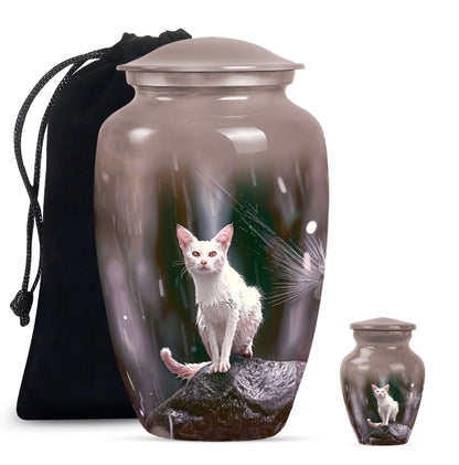 White Cat Cremation Urn For Mom Ashes - Pet Memorial Urn For Cats