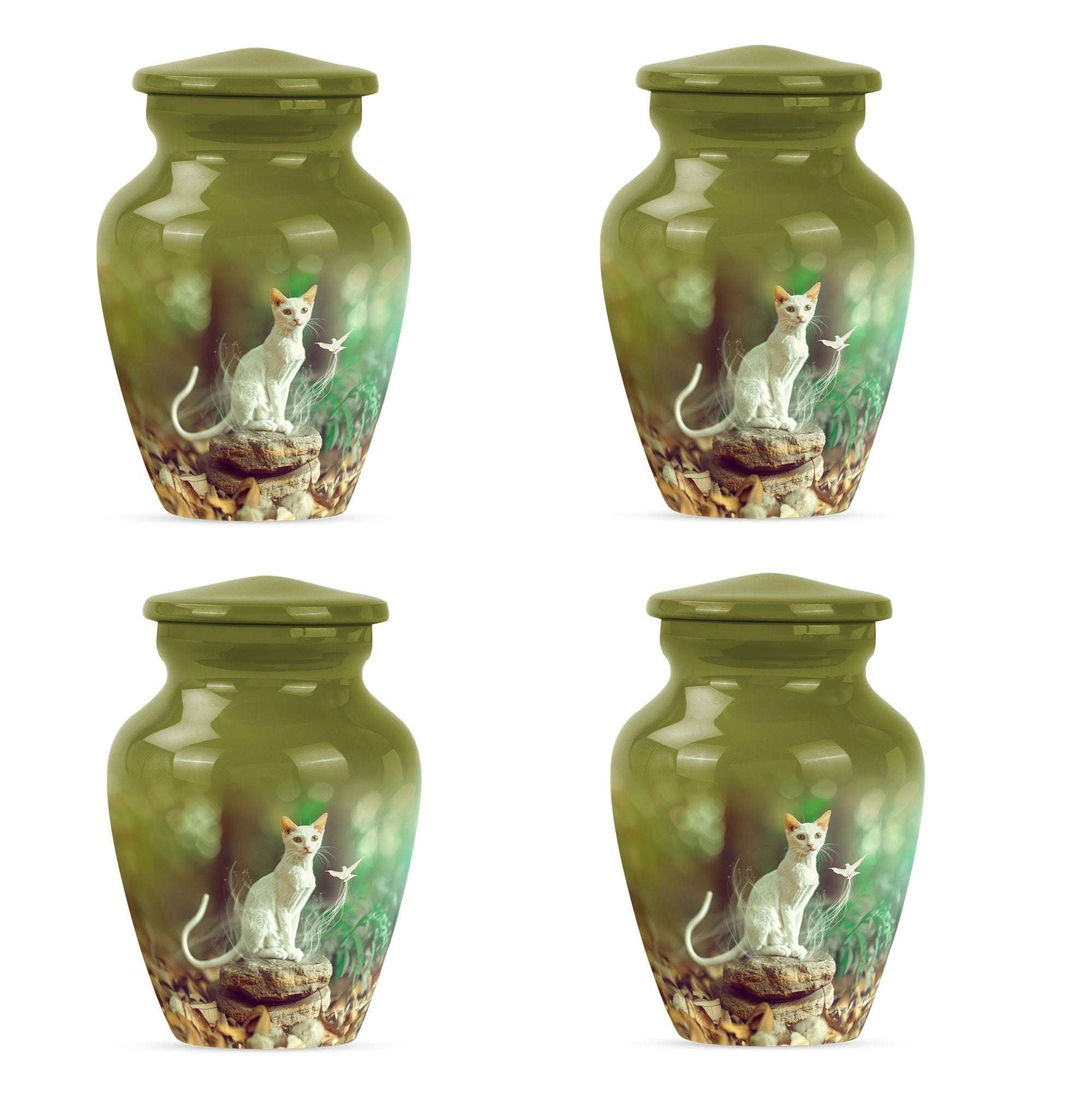 White Cat Urns For Funeral Ashes - Green Pet Cremation Urn For Cats