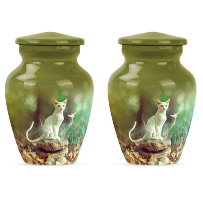White Cat Urns For Funeral Ashes - Green Pet Cremation Urn For Cats