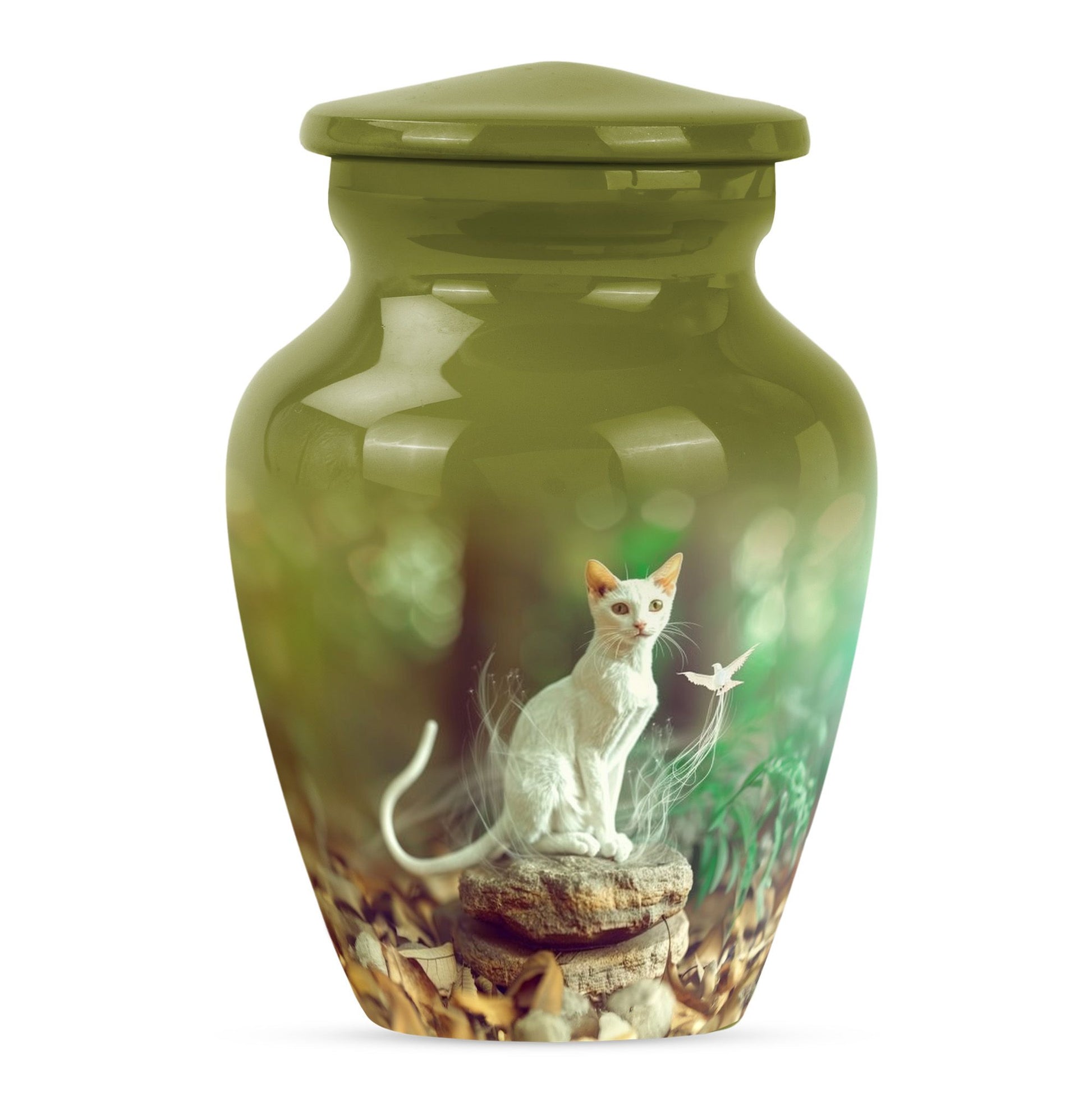 White Cat Urns For Funeral Ashes - Green Pet Cremation Urn For Cats