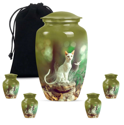White Cat Urns For Funeral Ashes - Green Pet Cremation Urn For Cats