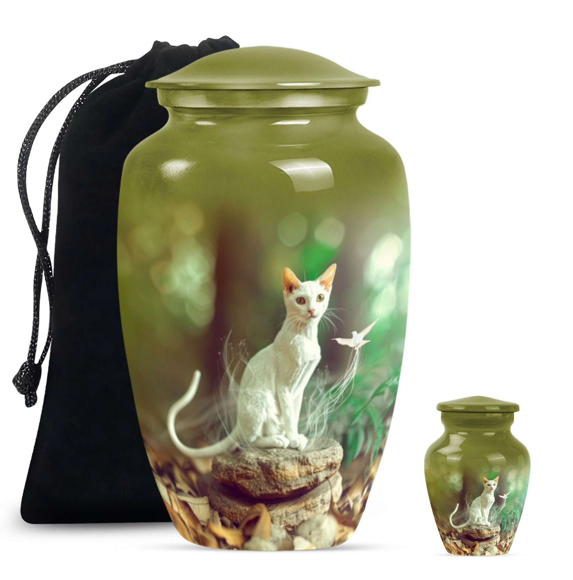 White Cat Urns For Funeral Ashes - Green Pet Cremation Urn For Cats
