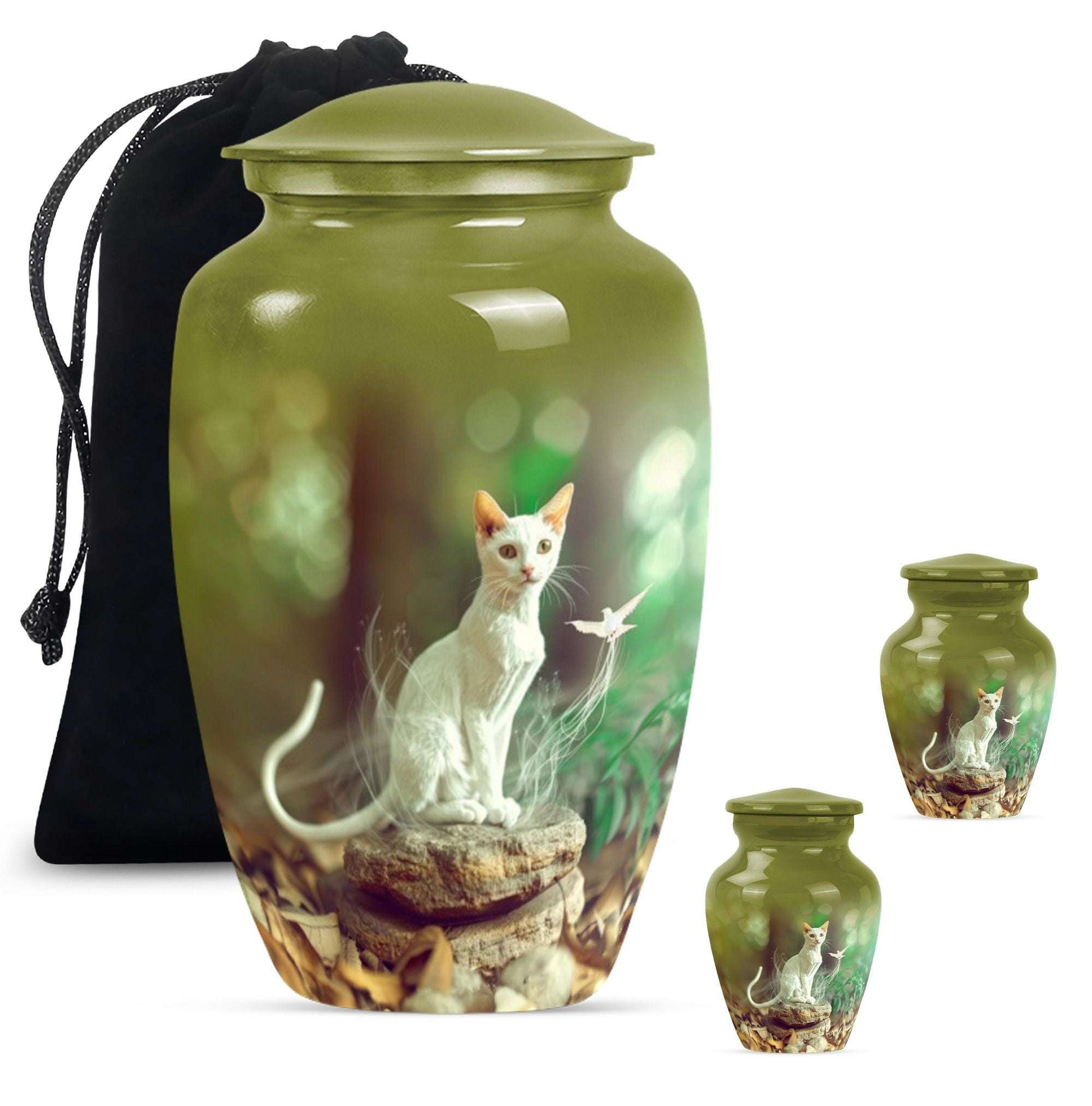White Cat Urns For Funeral Ashes - Green Pet Cremation Urn For Cats
