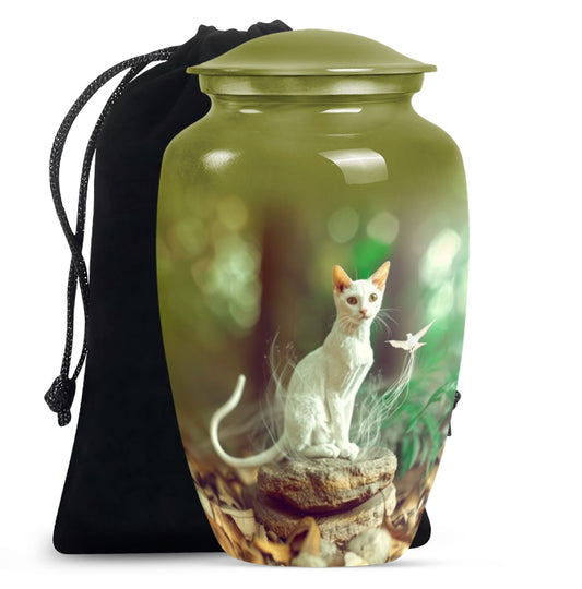 White Cat Urns For Funeral Ashes - Green Pet Cremation Urn For Cats