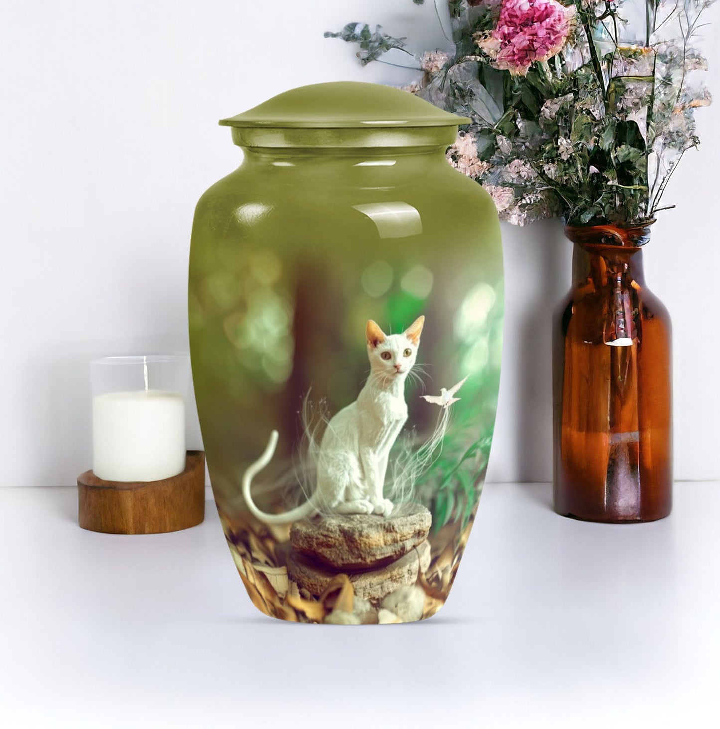 white cat urn for burial ashes